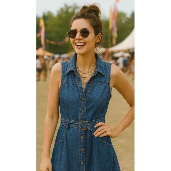 Free People Women Beau Ruffle Midi Western Dress Blue M Cowgirl Boho Cottagecore - Picture 1 of 14